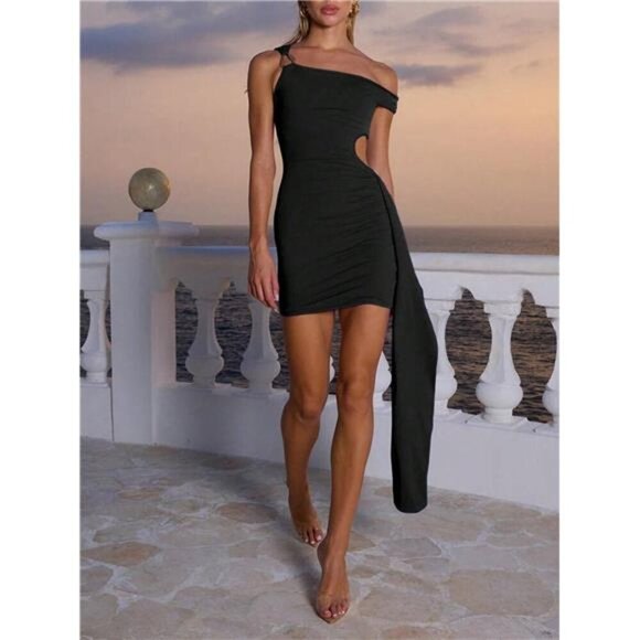 Cutout Asymmetrical Shoulder Mini Dress - Picture 1 of 9